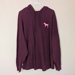 Victoria's Secret PINK Varsity Pullover Hoodie Tee Maroon Glitter Logo Oversized